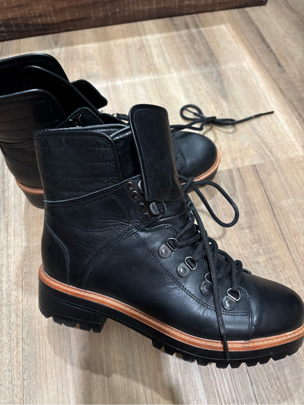 Marc Fisher Black Leather Combat Boots with Tan Trim